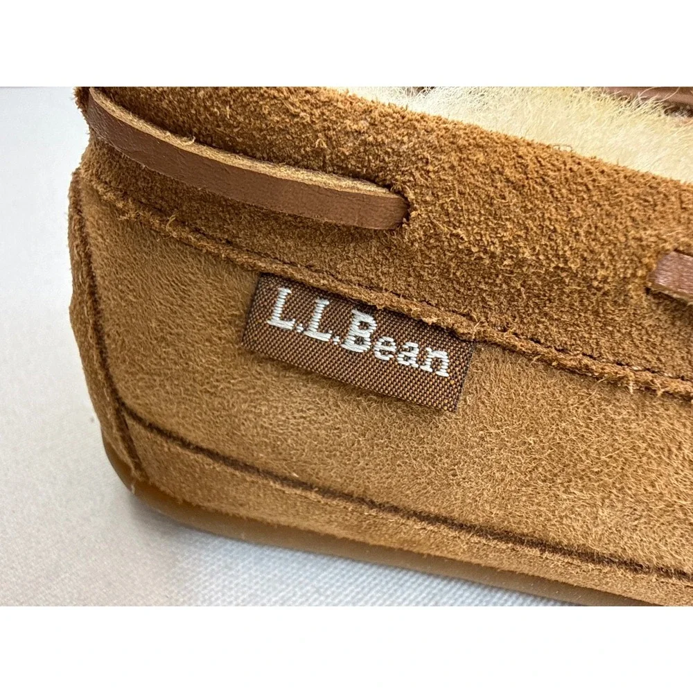 LL Bean Wicked Good Moc Suede Moccasin Slippers Mens 9 Brown Shearling Lining